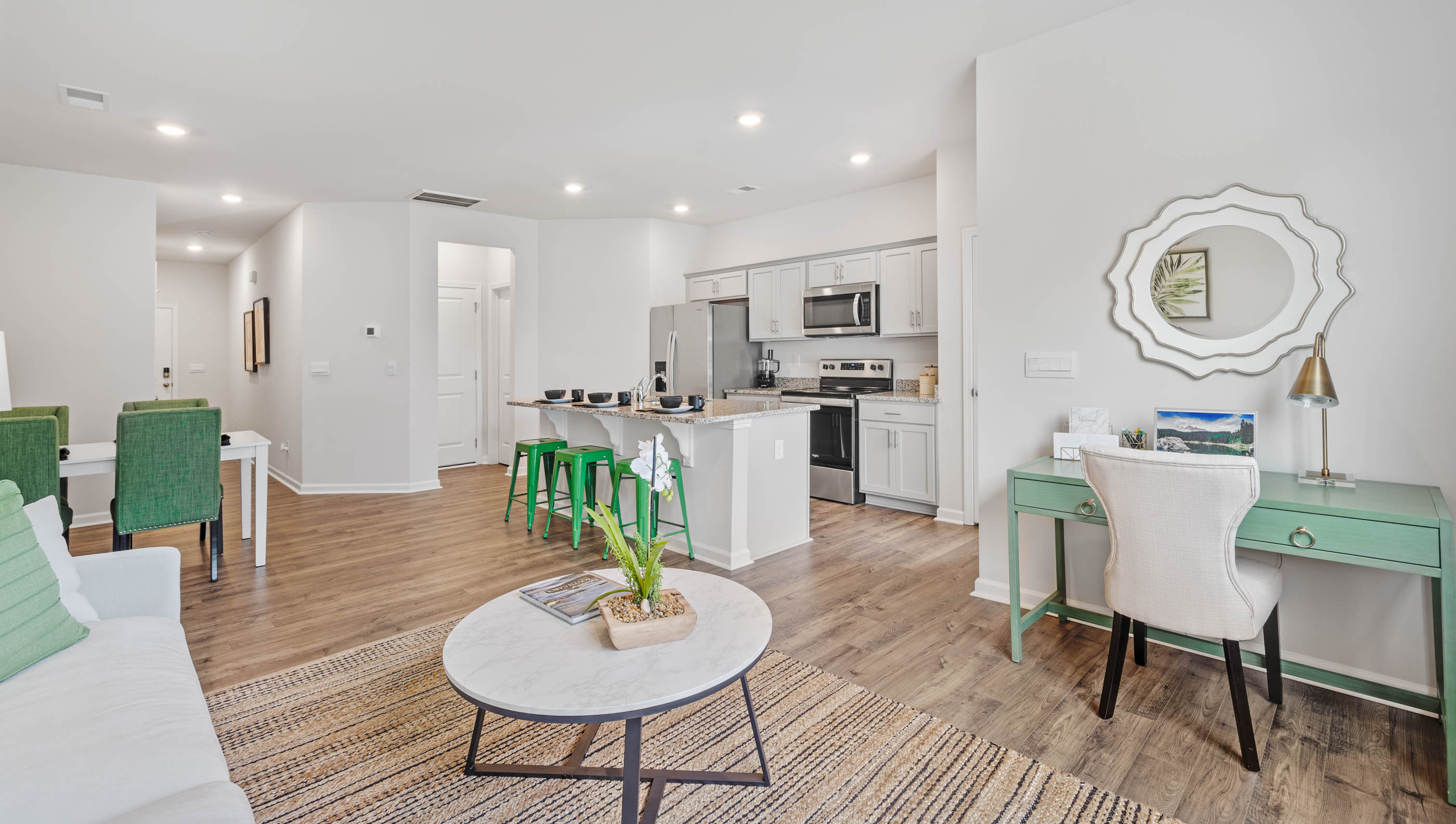 Family room with view of kitchen.