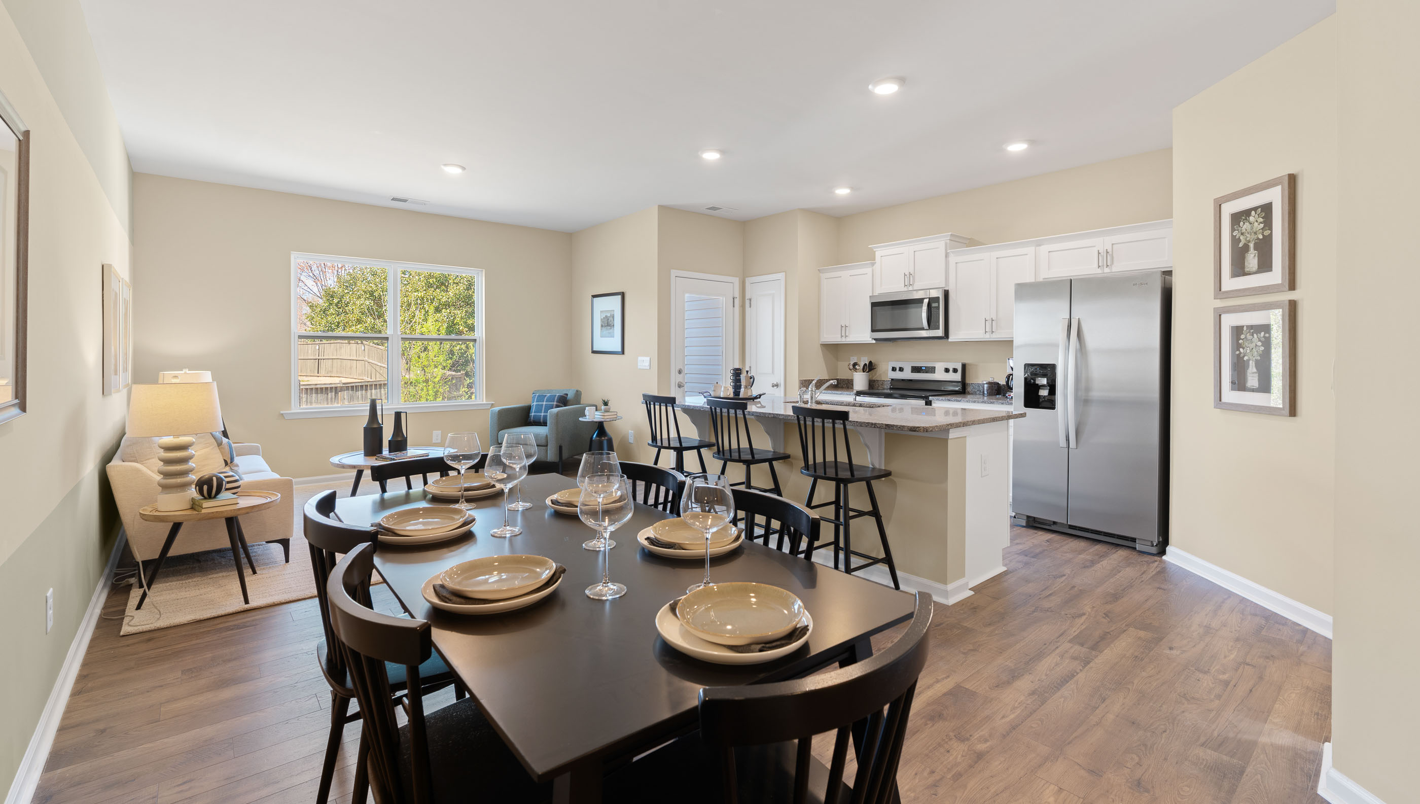 Dining room with living room view.