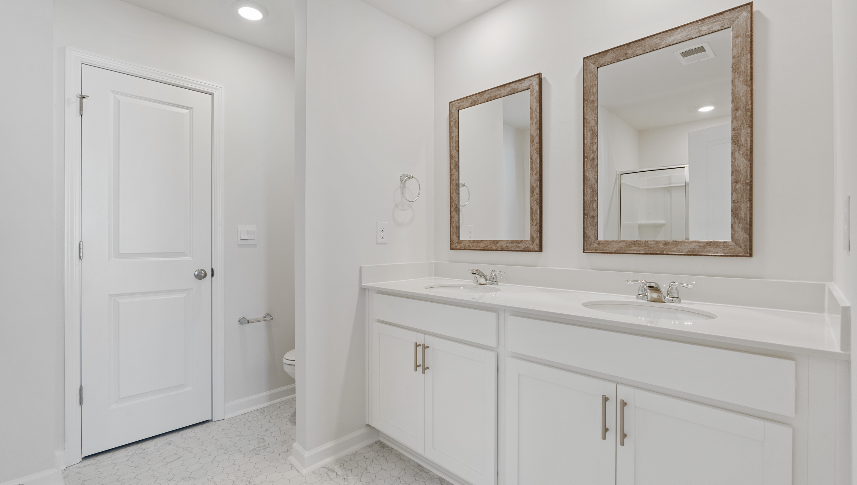Bathroom with vanity and walk in shower.