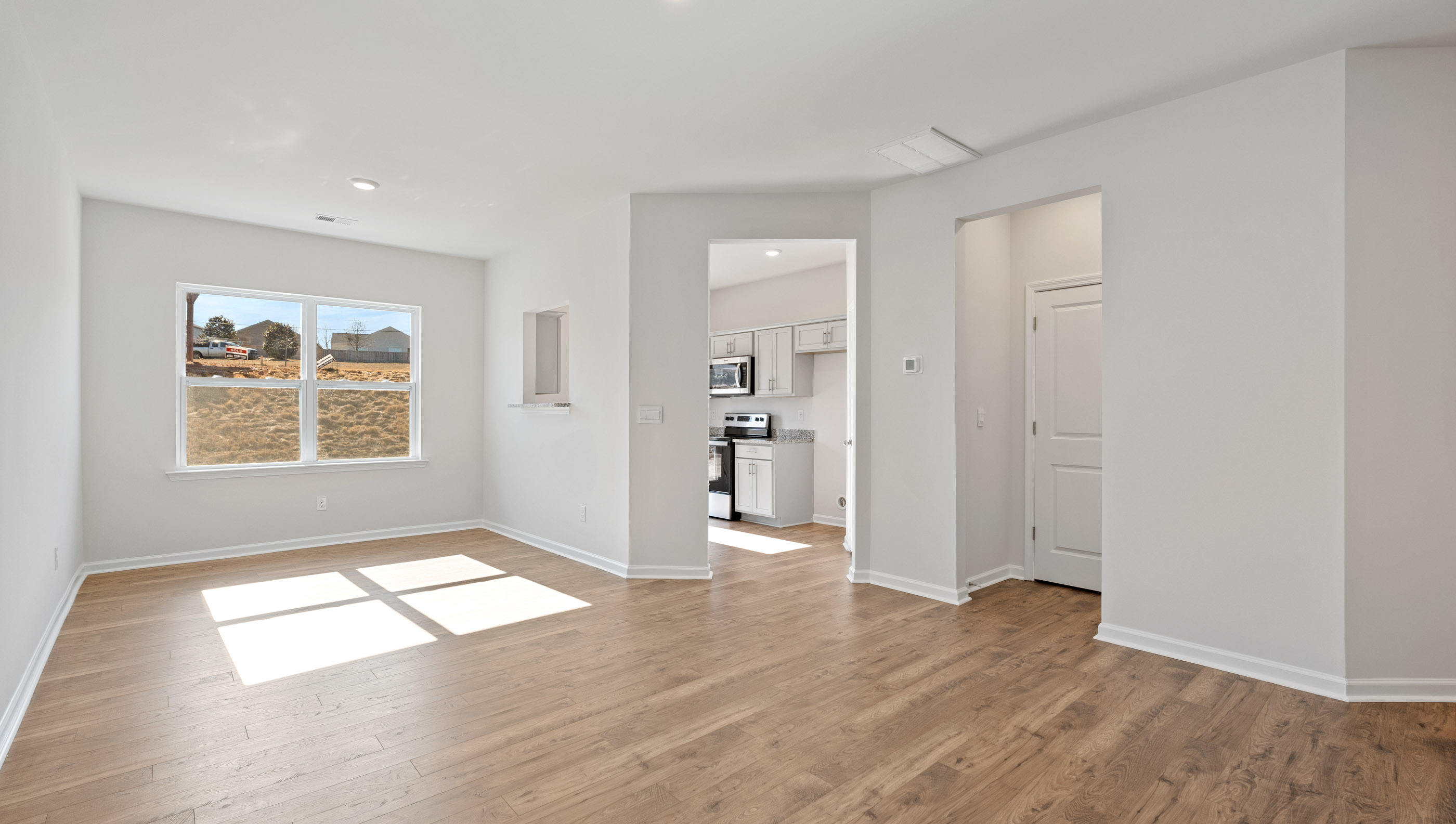Dining room with windows.