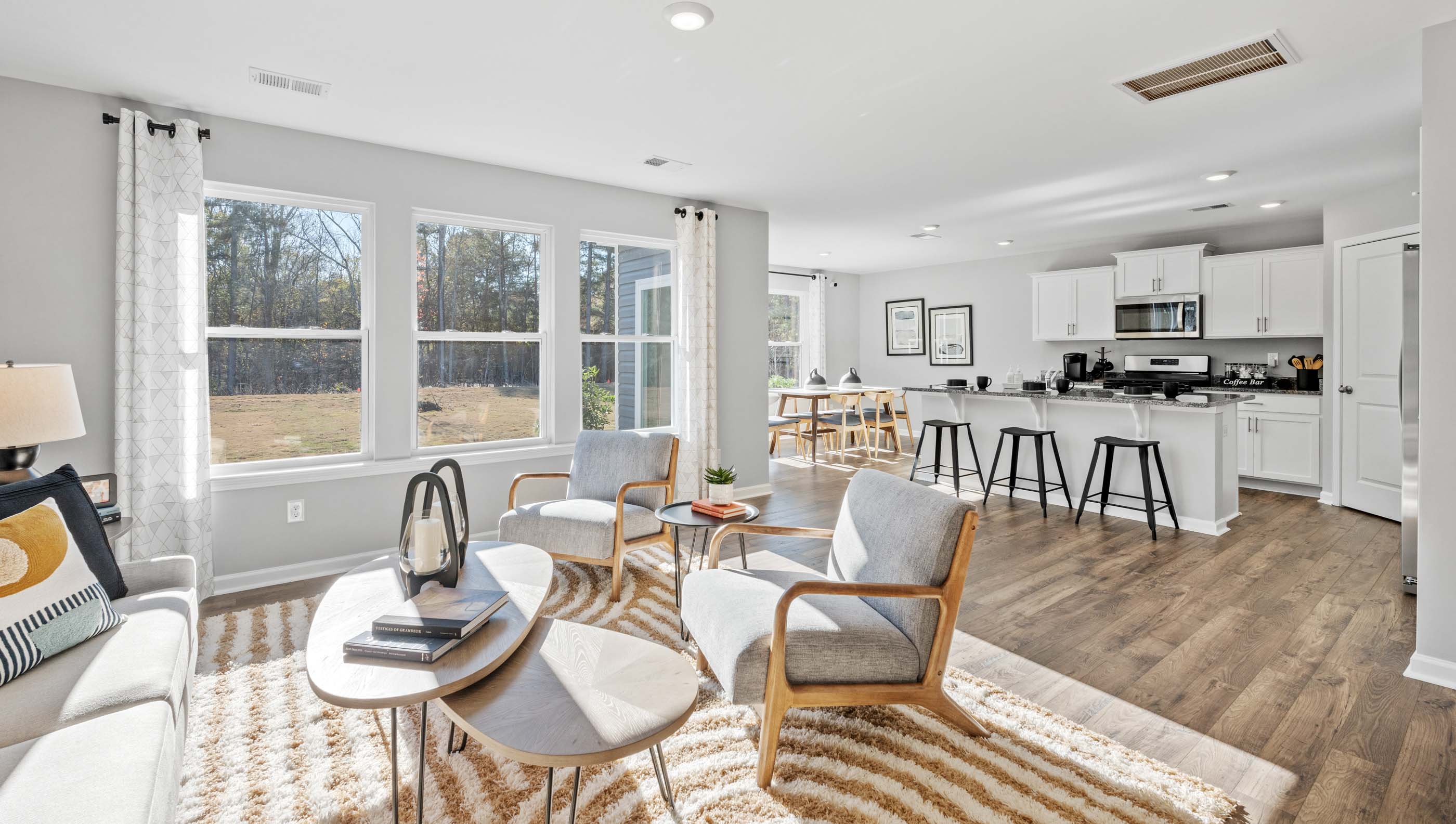 Family room with view of kitchen.