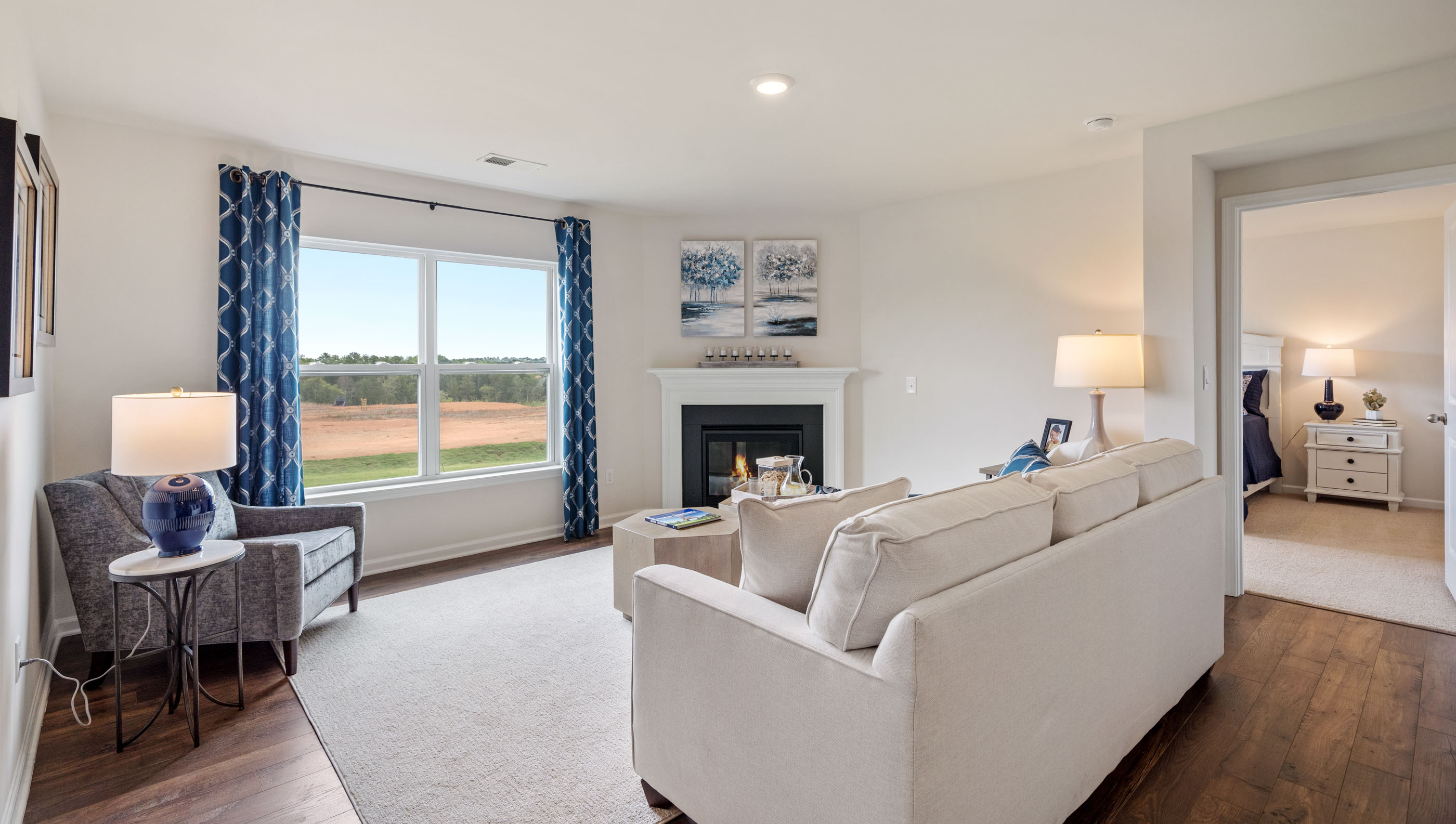 Family room with windows.