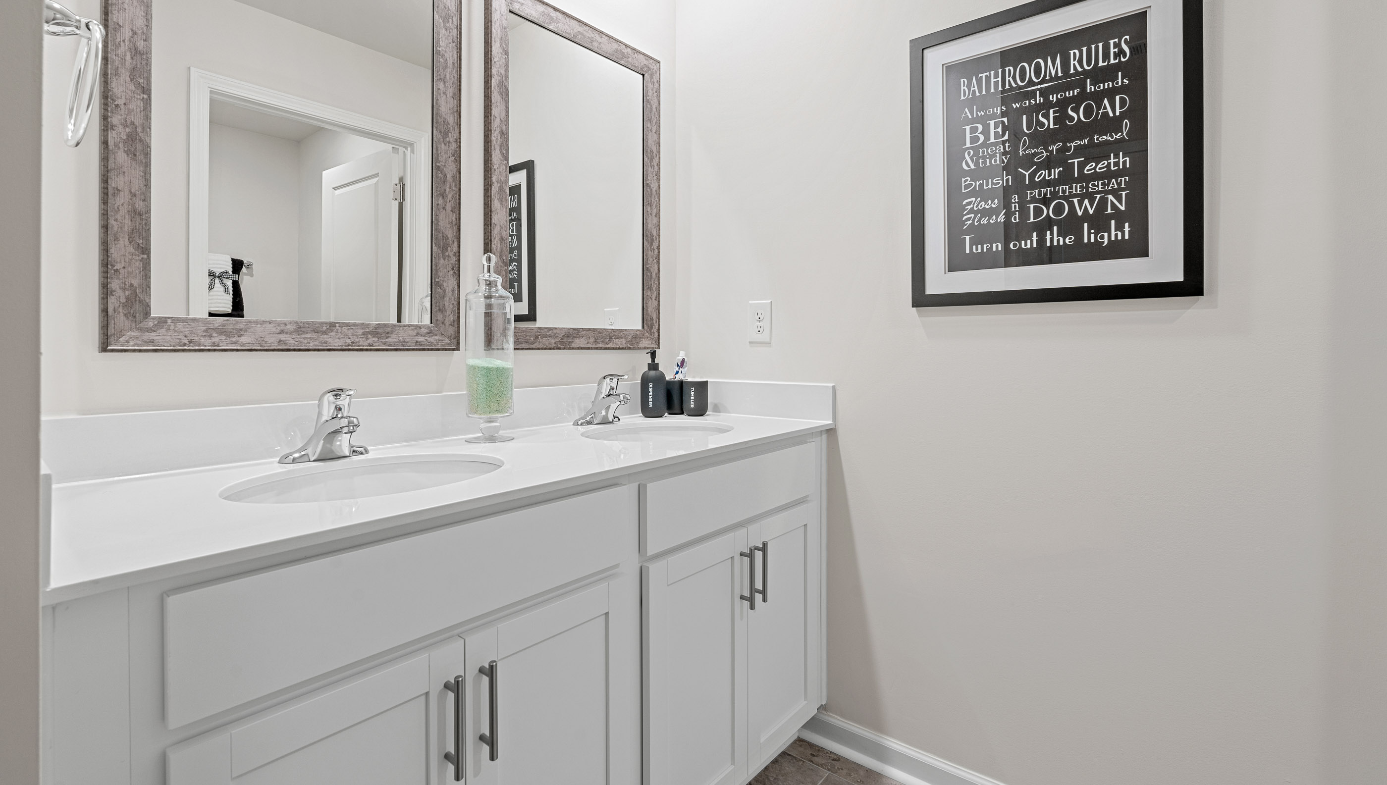 Bathroom with double vanity sink.