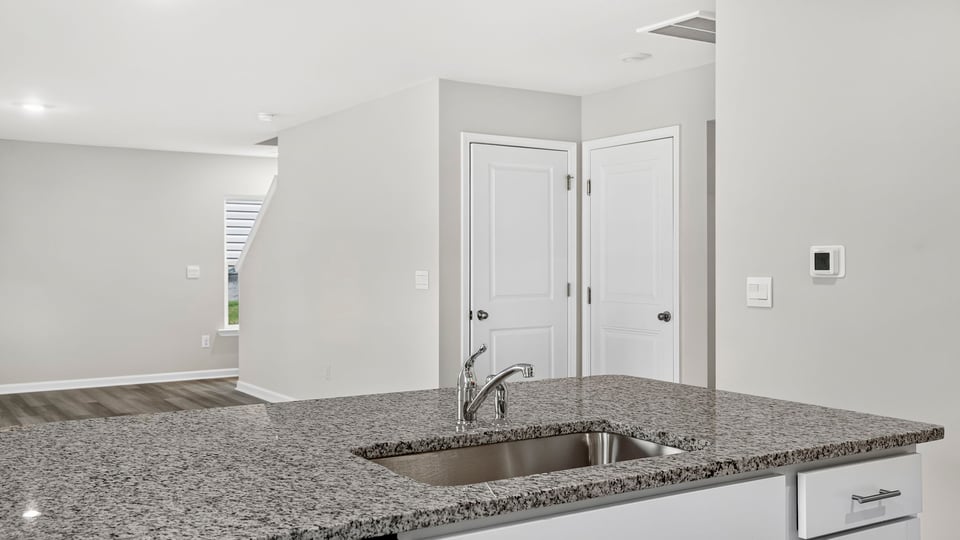 Kitchen and island with quartz countertops.