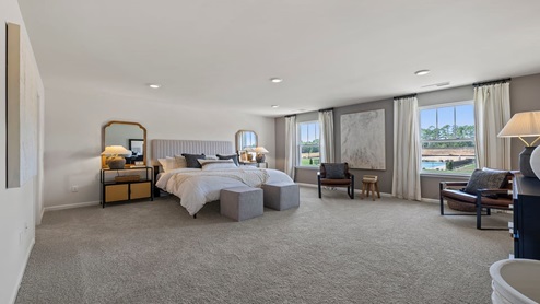 Bedroom with carpet and window