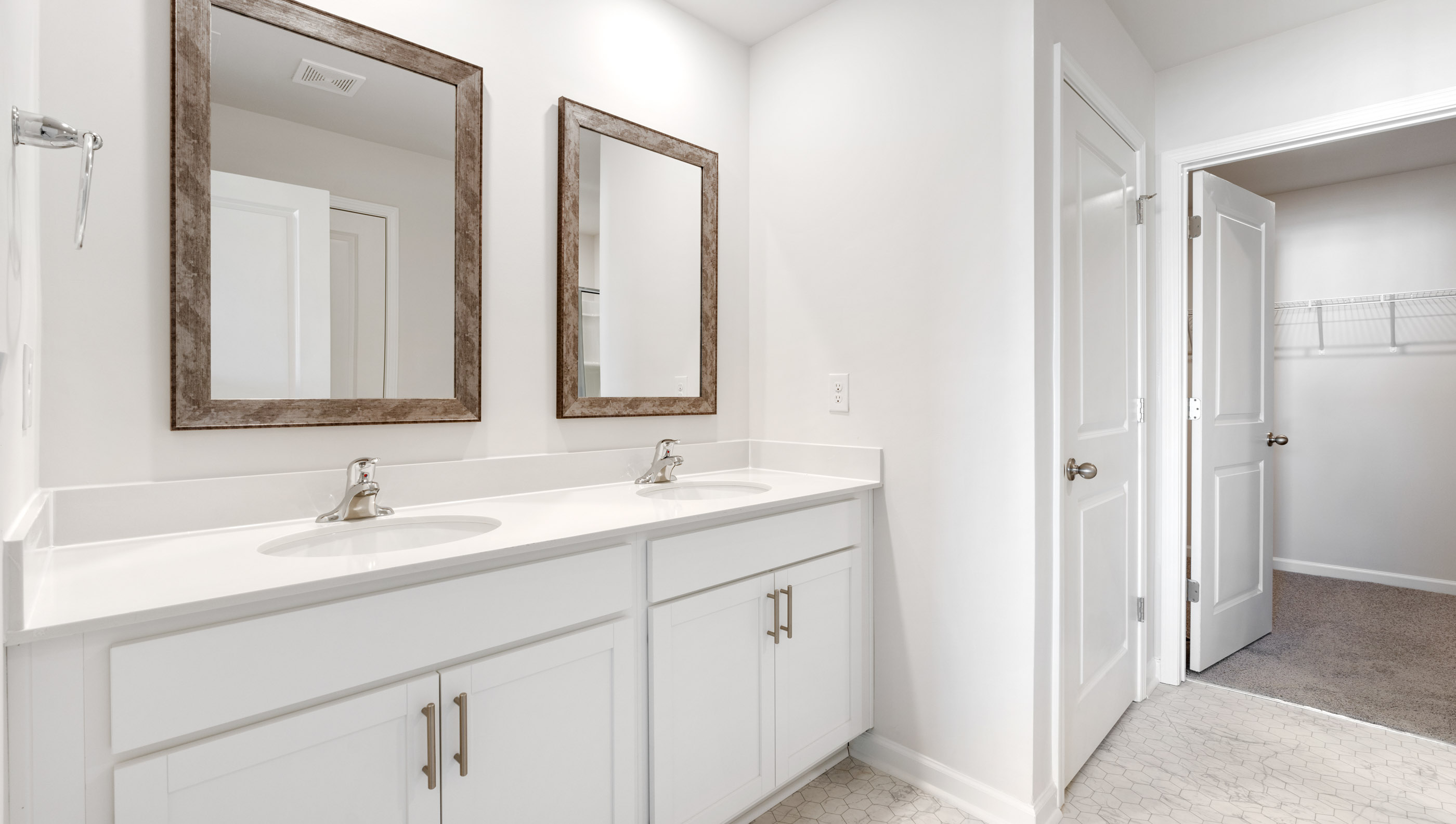 Bathroom with double vanity sink.