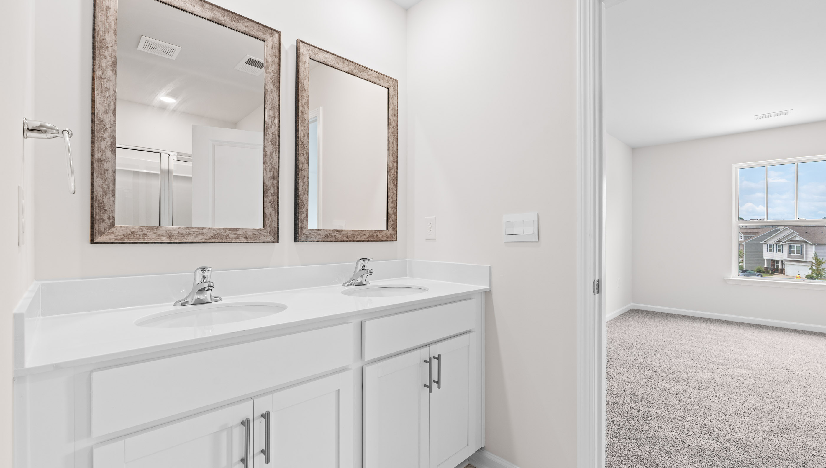 Bathroom with double vanity sink.