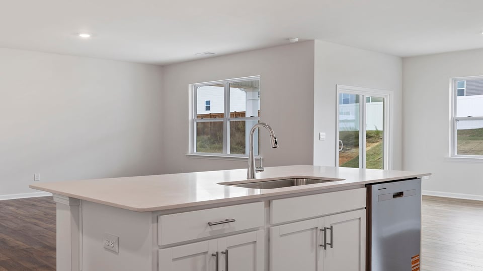 Kitchen island over looks the family and dining areas.