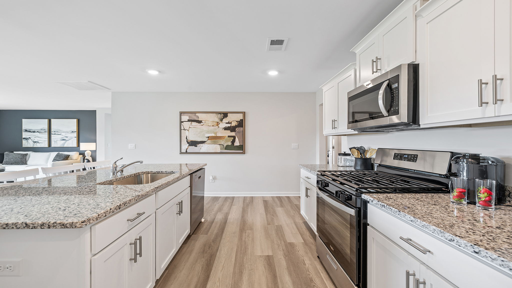 Kitchen and island with granite counter tops.