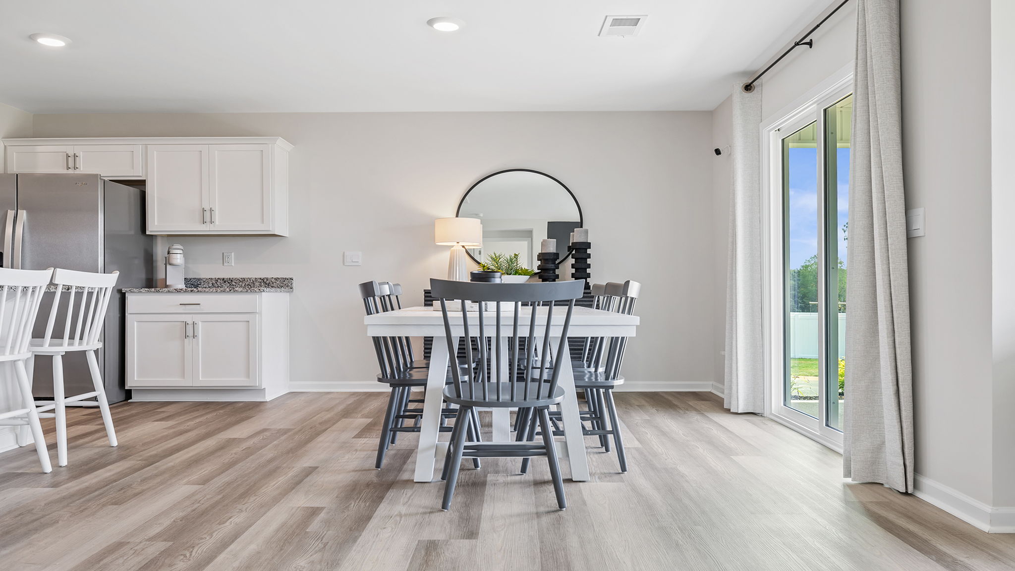 Dining room with windows.