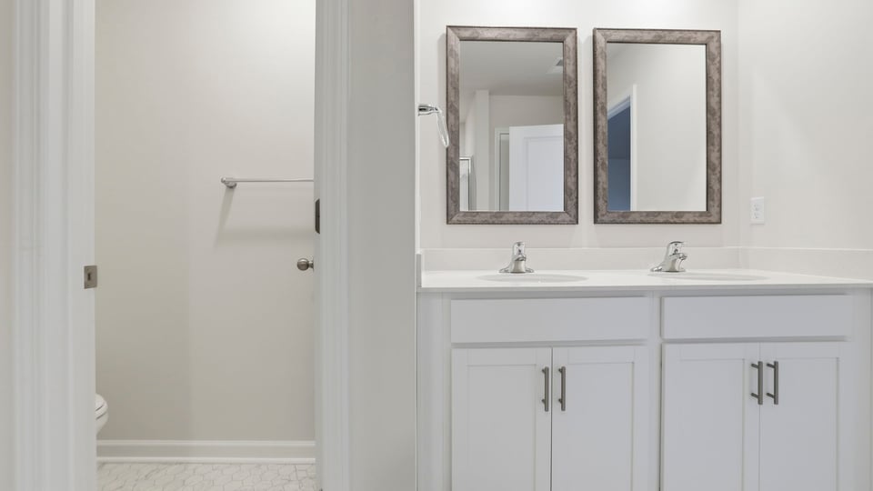 Primary bathroom with dual sink vanity.