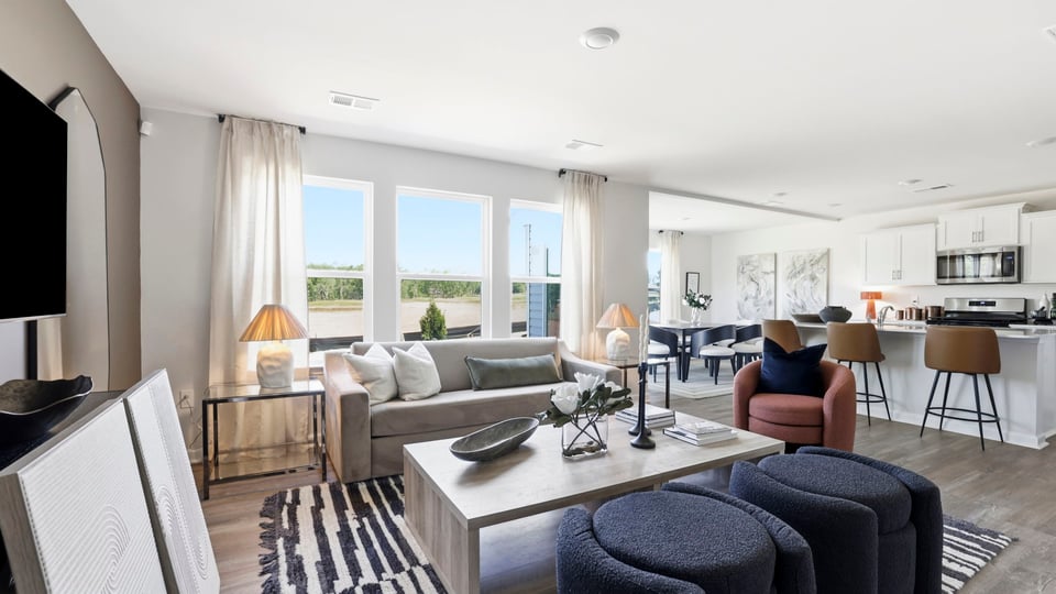 Family room with windows.