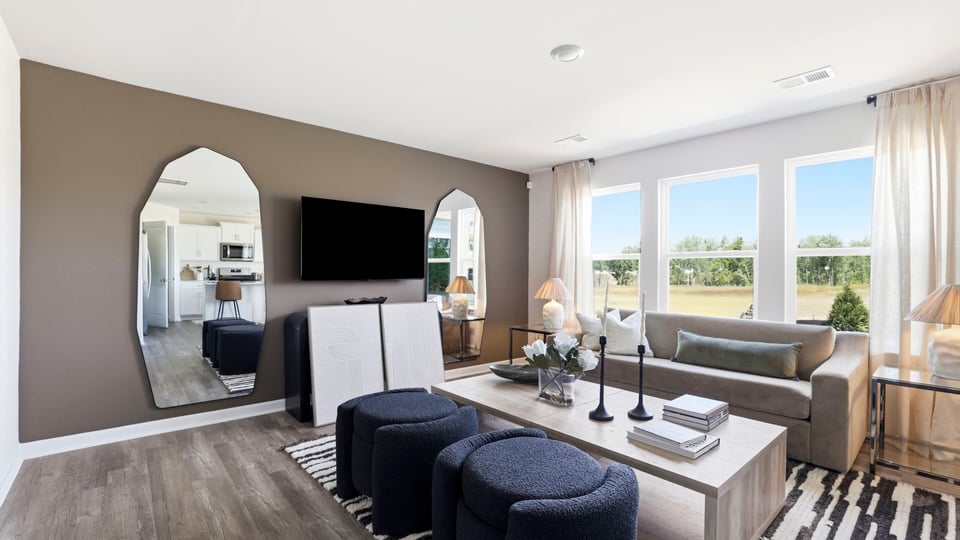 Family room with windows.