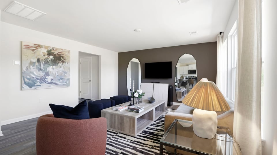 Family room with windows.