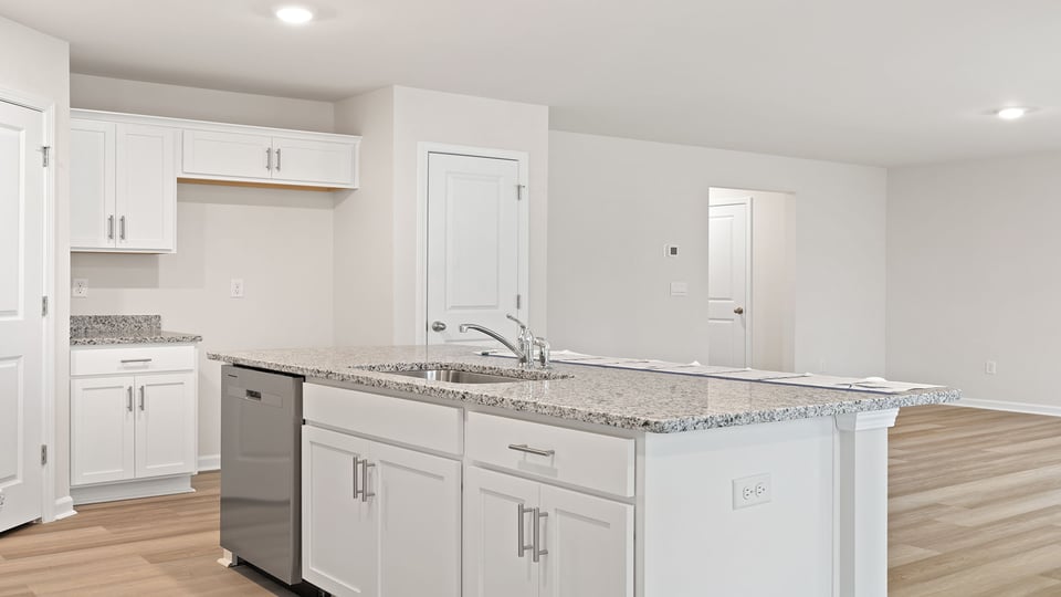 Kitchen island hosts the sink and dishwasher.