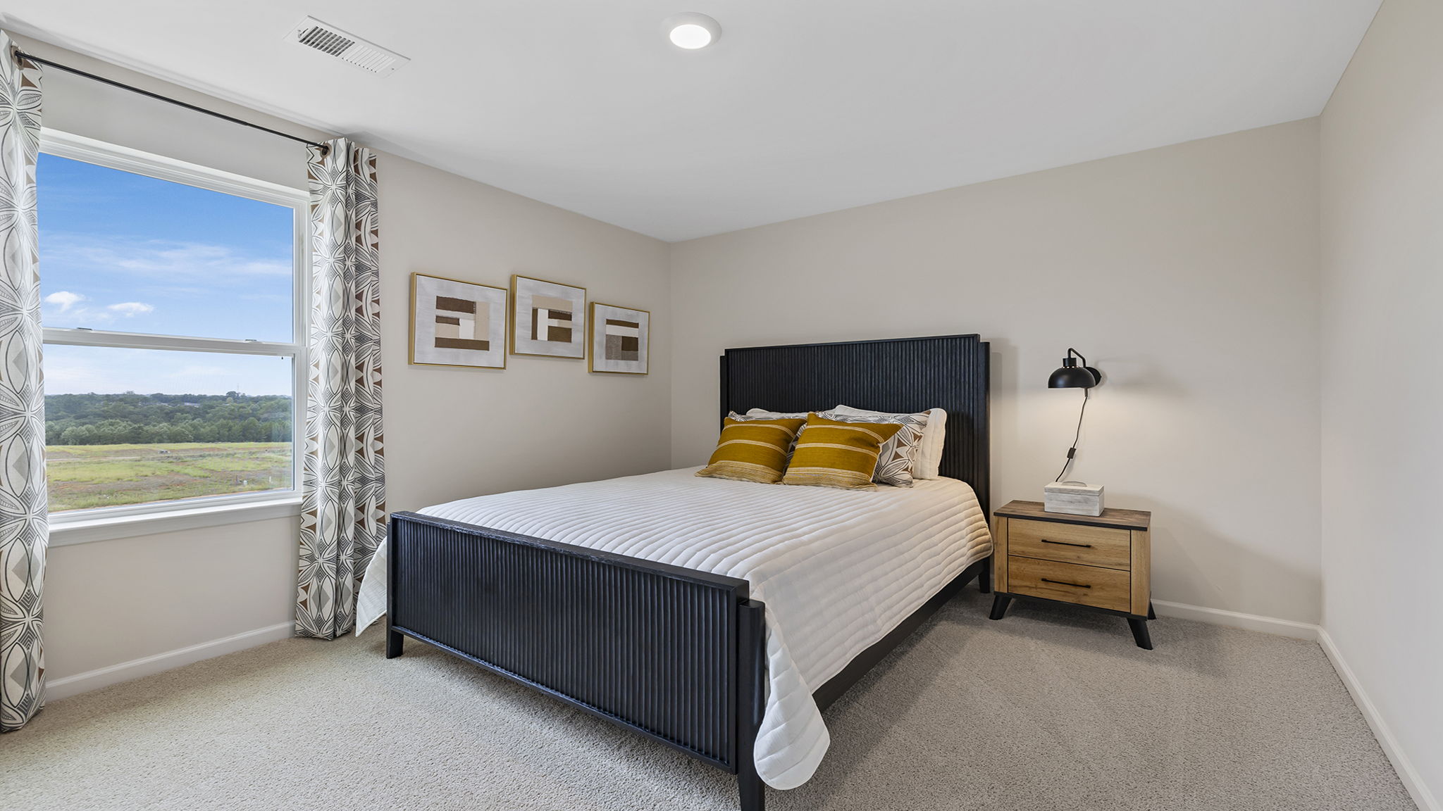 Bedroom with carpet and window.