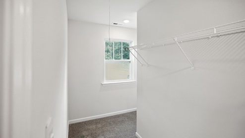 Primary closet with carpet and window.
