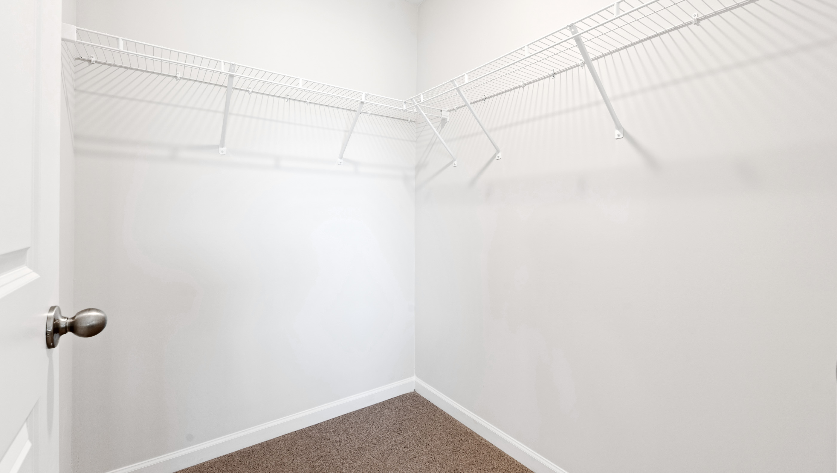 Primary closet with carpet and shelf.