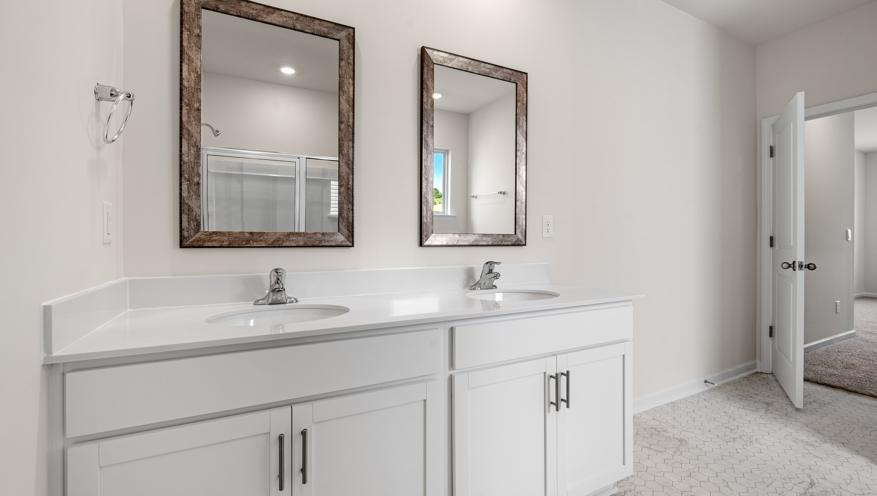Bathroom with double vanity sink.