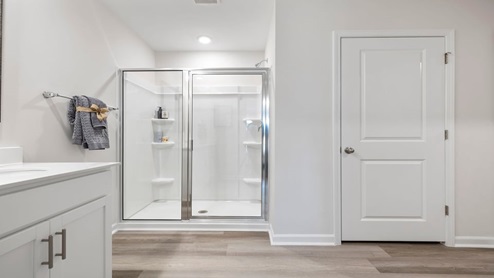 Bathroom with shower and sinks.