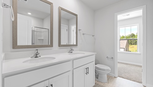 Bathroom with double vanity sink.