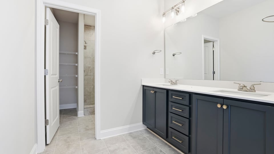 Bathroom with double vanity sink and walk in closet.