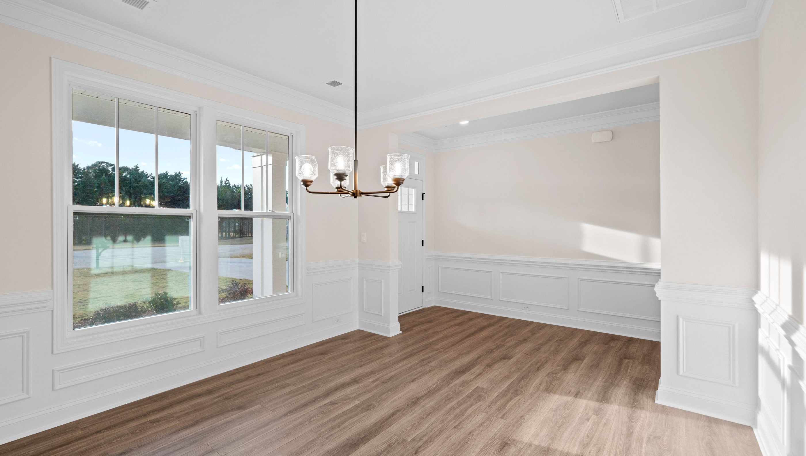 Dining room with windows.