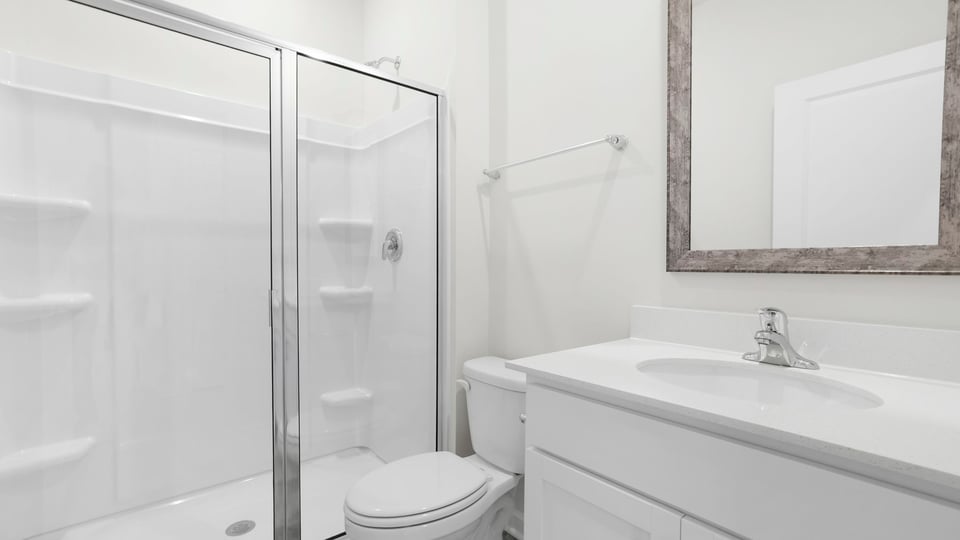 Bathroom with walk in shower and vanity.