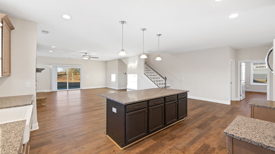 Kitchen with granite countertops.