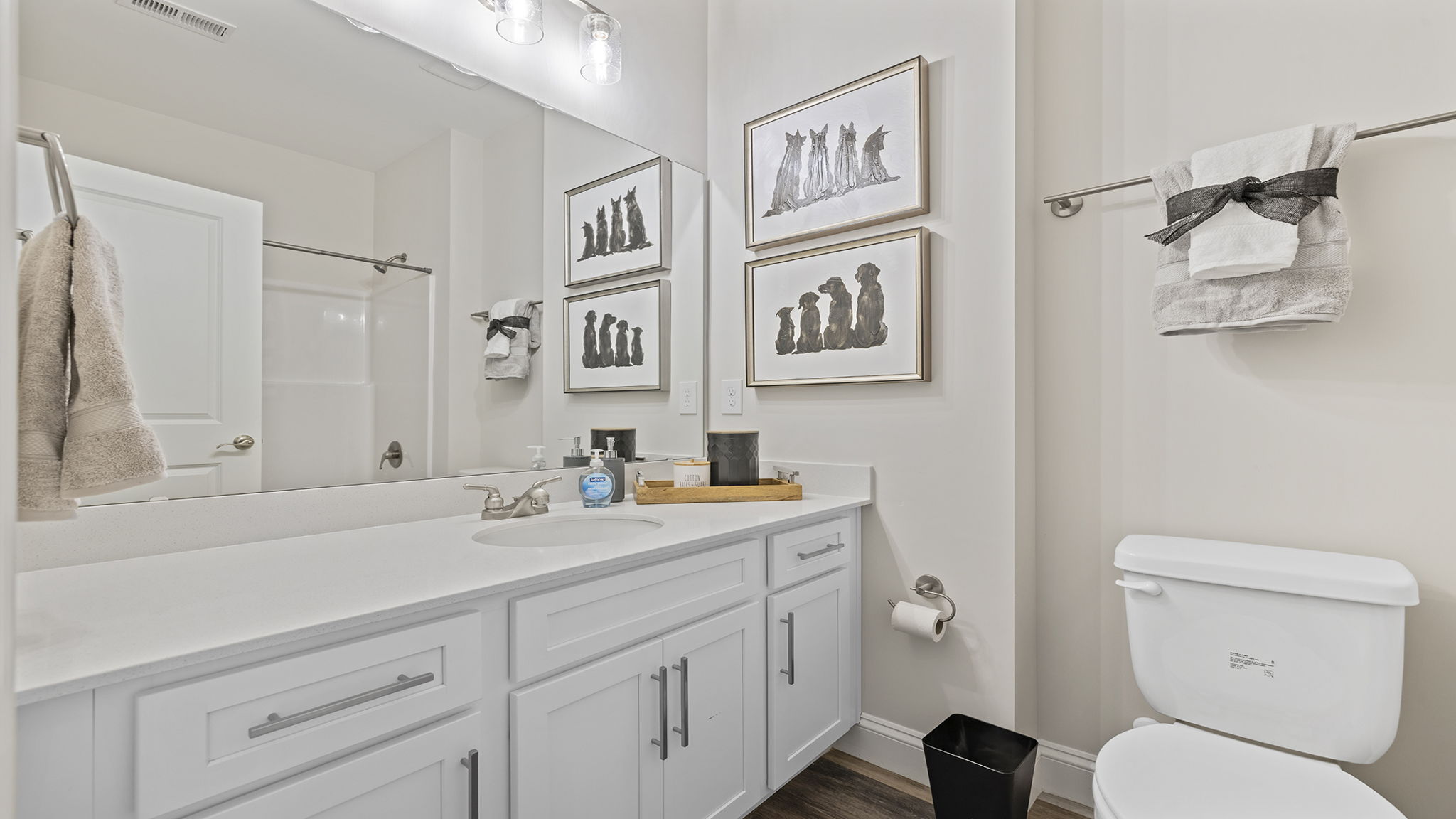 Bathroom with double vanity sinks.