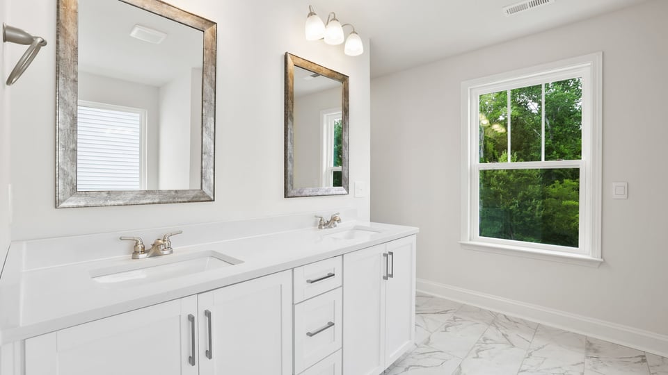 Bathroom with double vanity sink.