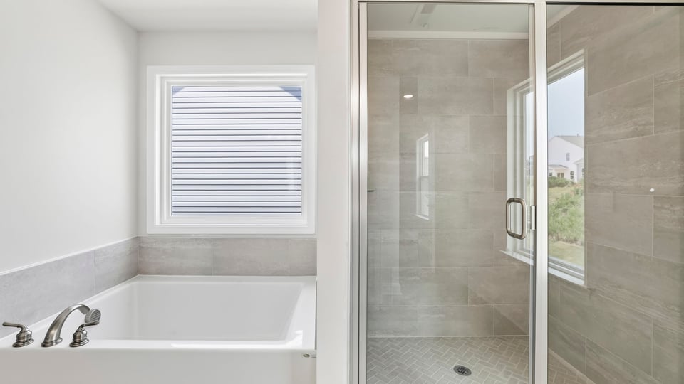 Bathroom with walk in shower and bathtub.
