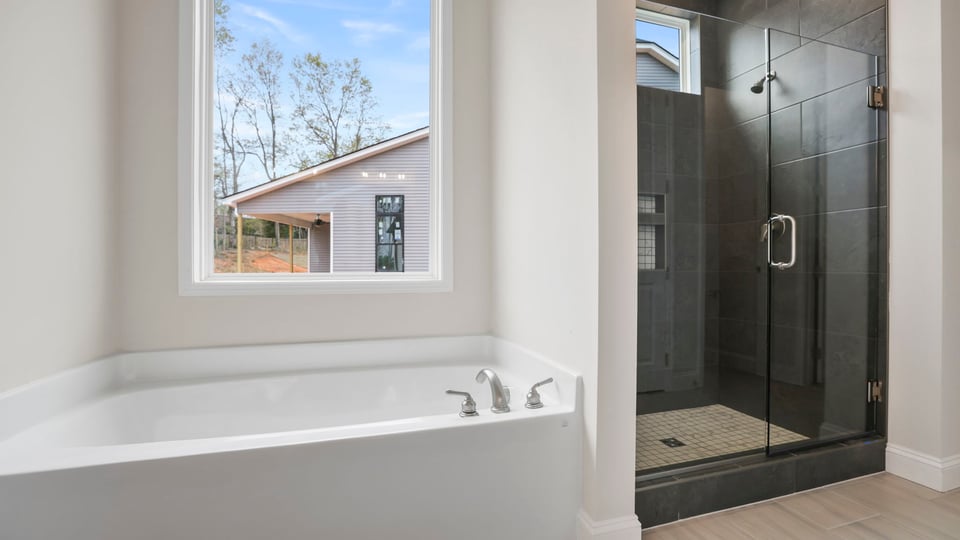 Primary bathroom with double vanity sink.