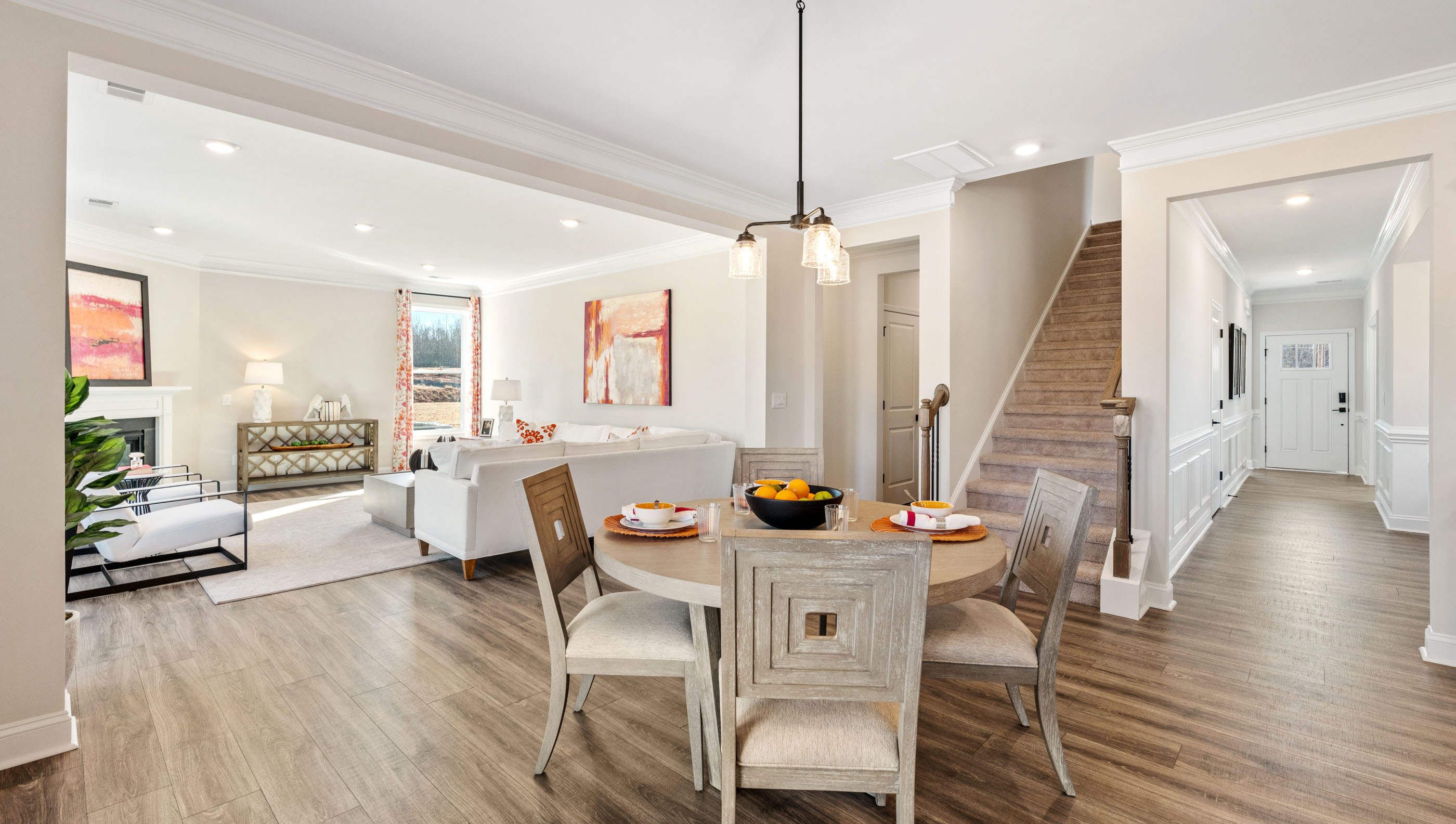 Living area with windows and fireplace.