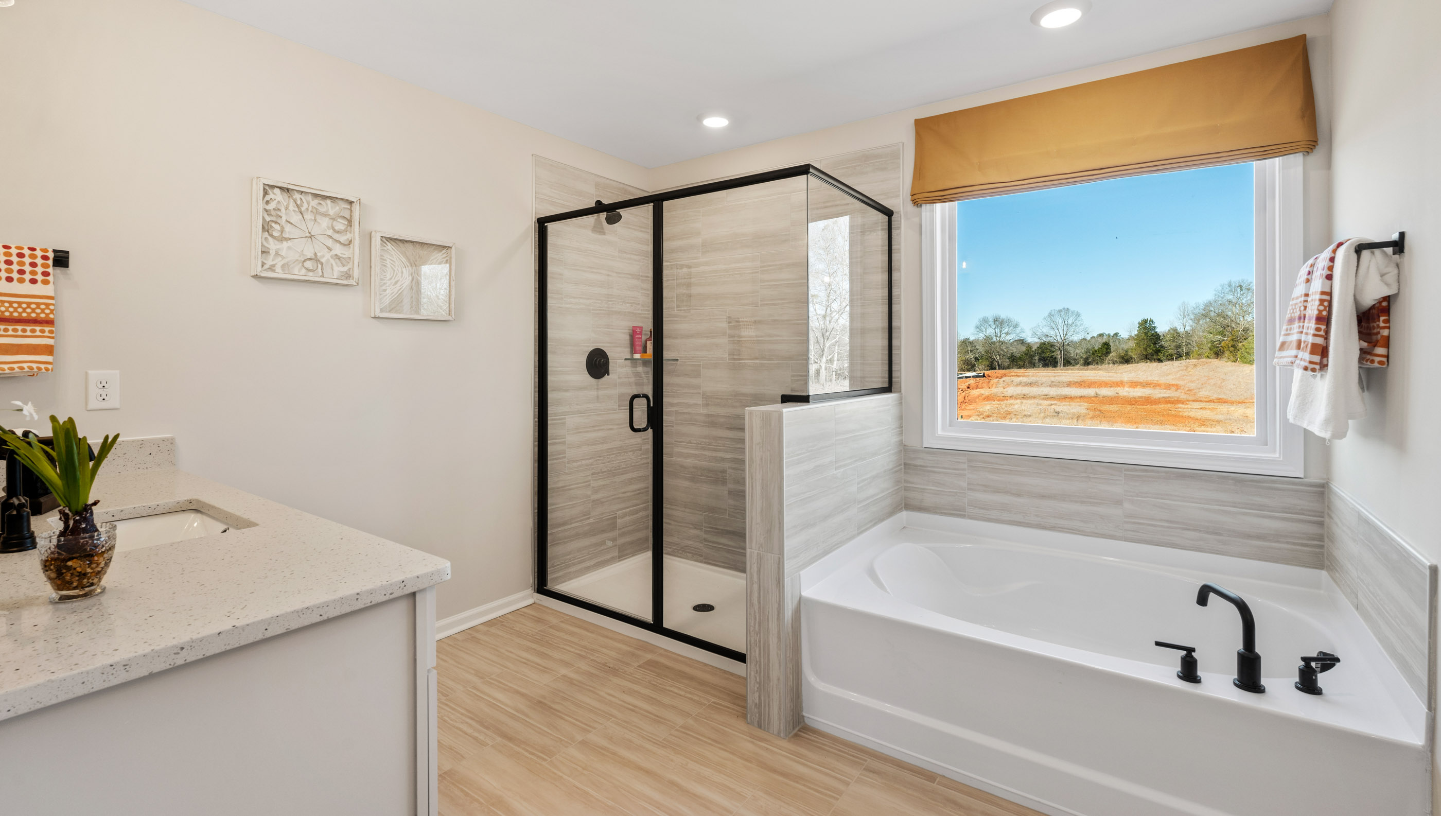 Primary bathroom with double vanity sink.