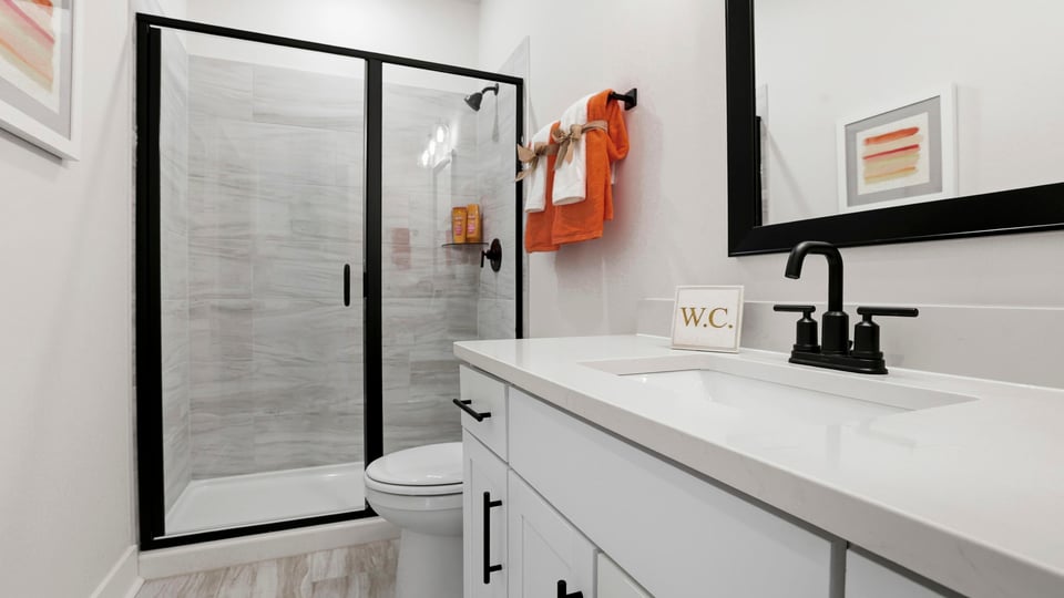 Bathroom with vanity sink.