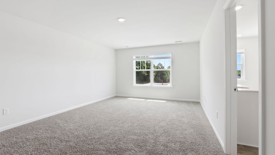 Primary bedroom with carpet and windows.