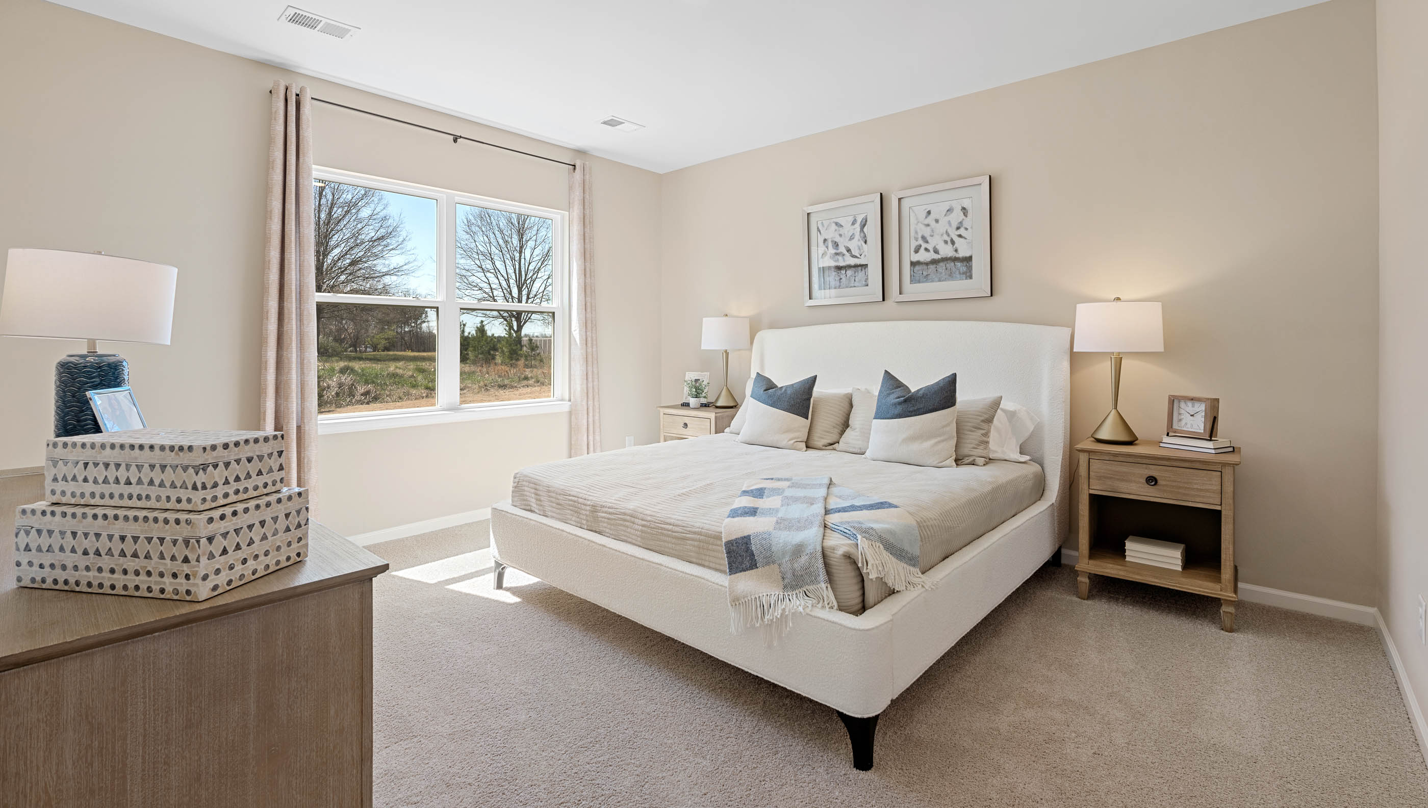 Primary bedroom with carpet and window.