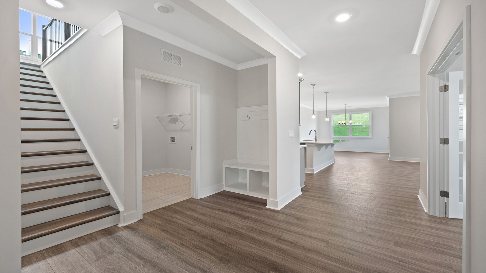 Living area with stairs.