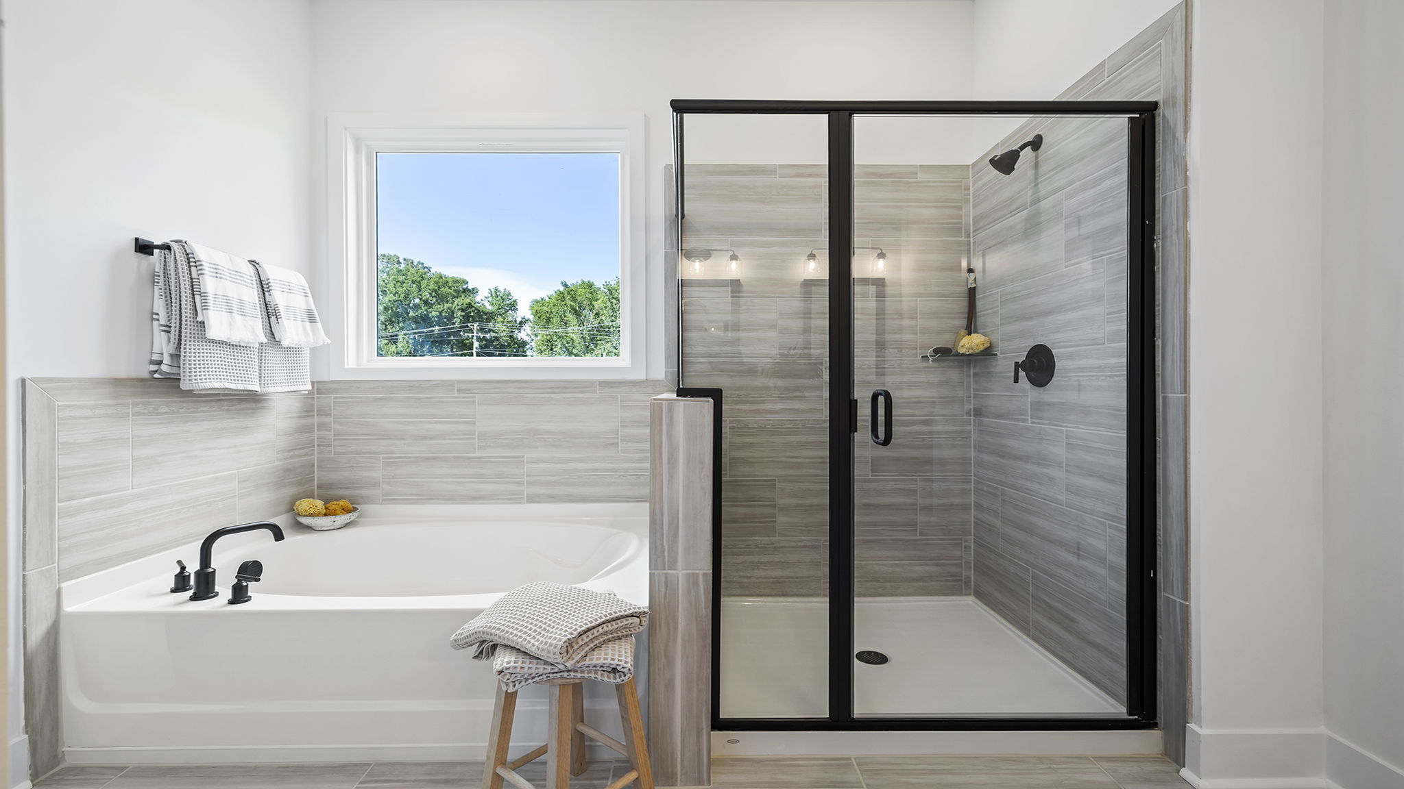 Primary bathroom with double vanity sinks.