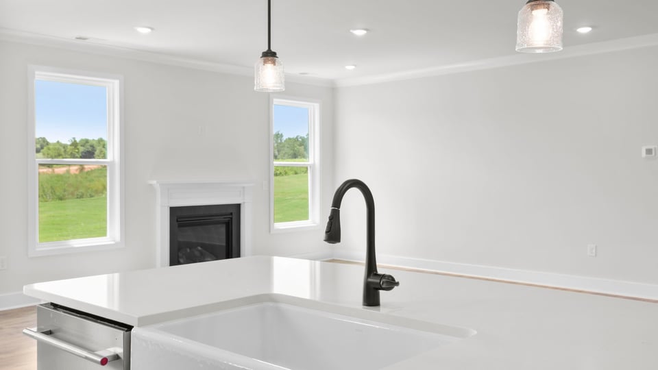 Kitchen and island with quartz countertops.