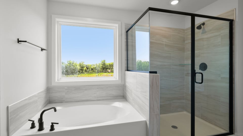 Bathroom with walk in shower and bathtub.