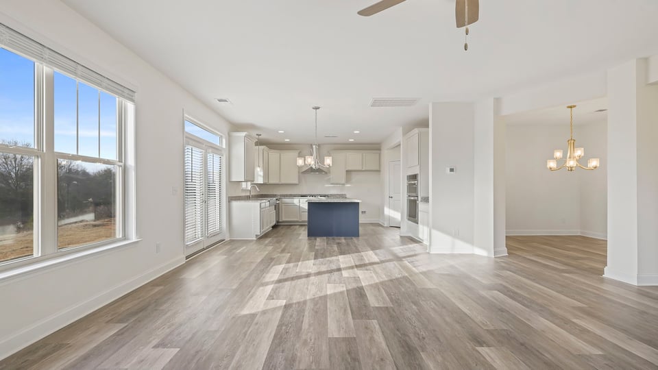 Kitchen with island and cabinets.