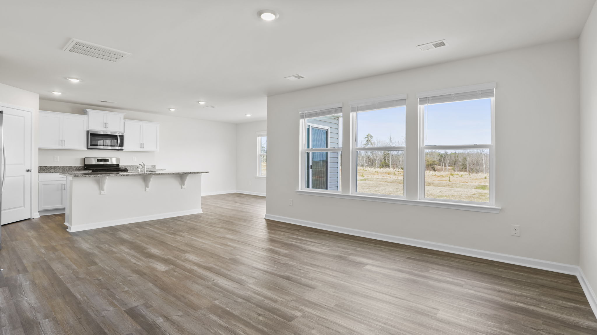 View from living room of the open kitchen.