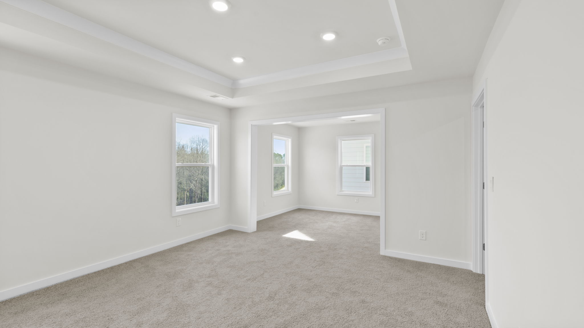 Primary bedroom with trey ceiling, recessed lighting and carpet.