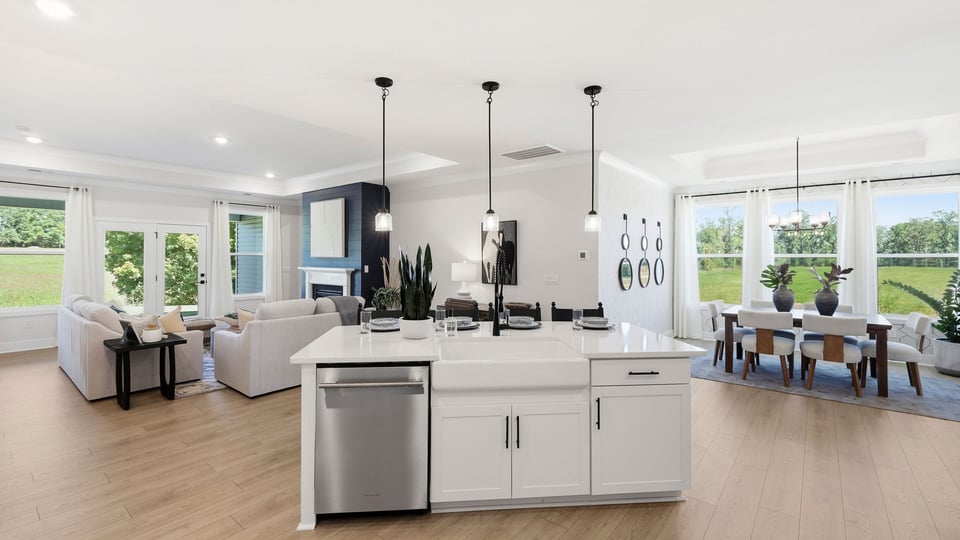 Kitchen with island and cabinets.