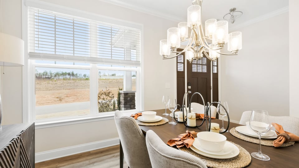 Dining room with windows.