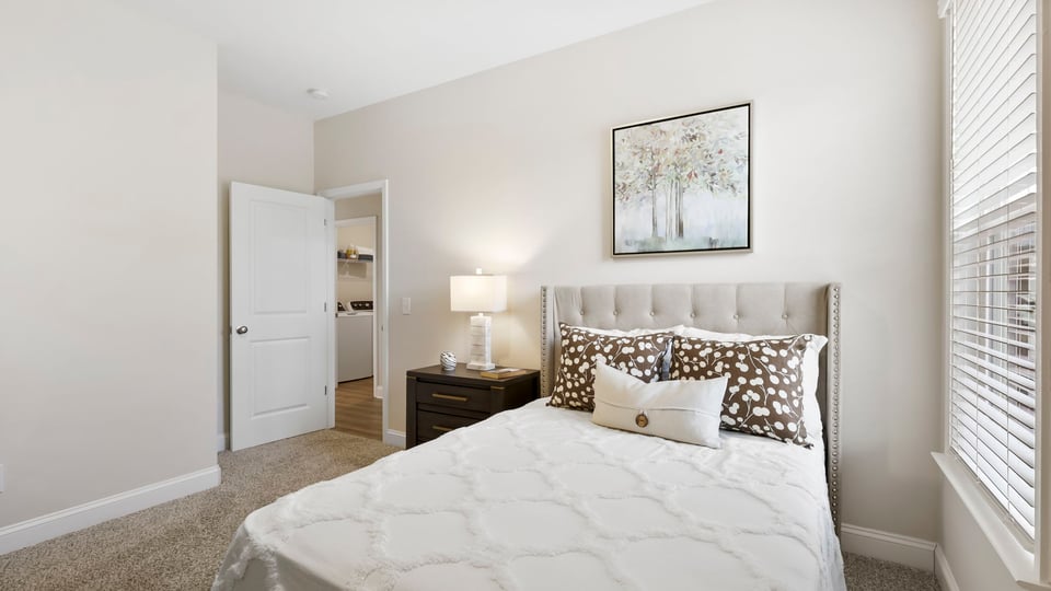 Bedroom with carpet and window.