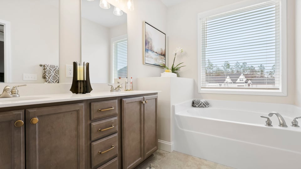 Primary bathroom with double vanity sinks.