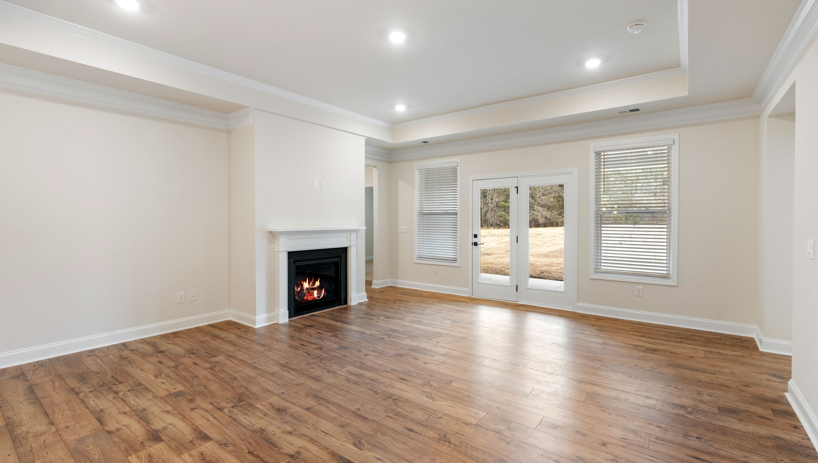 Living room with windows and fireplace.